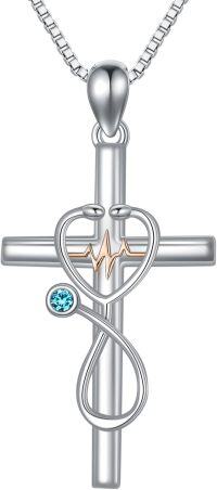 wholesale 925 Sterling Silver Birthstone Stethoscope Cross Necklace for Nurse Doctor RN-12-December-Topaz