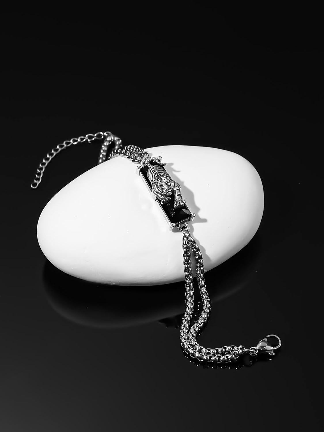 925 Sterling Silver Black Crystal Tiger Head Chain Link Bracelet for Men & Women-0-1