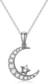 wholesale 14K Gold Crescent Moon & Star CZ Pendant Necklace - 14K Gold Tone Chain (16-18 inch)-White Gold