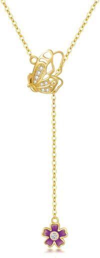 wholesale 14K Gold Purple Enamel Flower Butterfly Lariat Necklace for Women-14k real gold