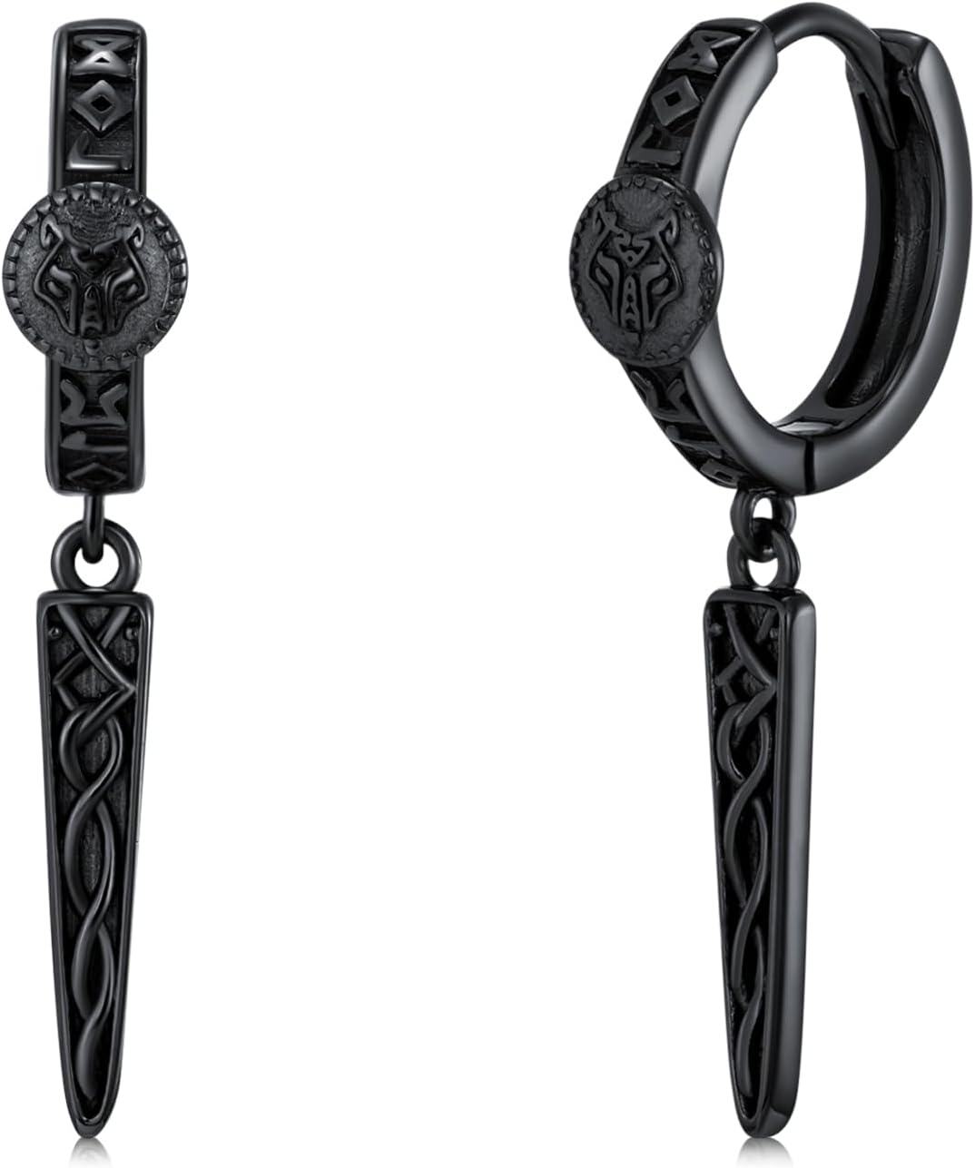 Sterling Silver Gothic Punk Black Viking Runes Wolf Head Valknut Drop Dangle Earrings-Viking earrings