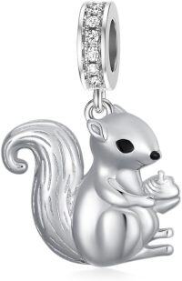 wholesale 925 Sterling Silver Squirrel Pendant Charm with Cubic Zirconia for Bracelet Necklace DIY Crafting Jewelry Making Supplies Accessories Gift Boxed 3D Engraved Design-Squirrel Charm