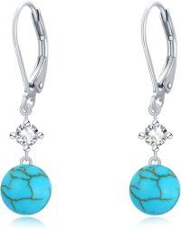 wholesale 925 Sterling Silver Turquoise Round Stone Leverback Drop Earrings-Drop