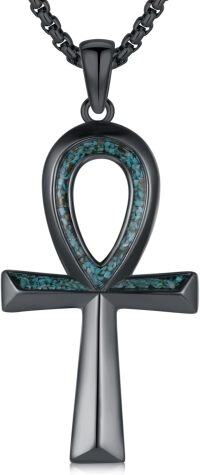 wholesale 925 Sterling Silver Black Plated Ankh Pendant with Blue Stone Inlay Mens Religious -I01-Black Ankh Cross with Turquoise Gravel