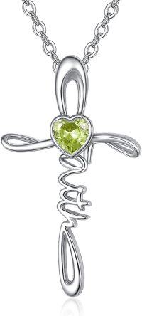 wholesale Sterling Silver Simulated Gemstone Faith Cross Birthstone Necklace for Women Christian Gifts-08-Peridot