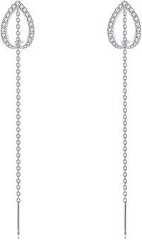 wholesale 925 Sterling Silver Teardrop Threader Earrings with CZ Stones and Chain for Women's Fashion  Ideas-Heart