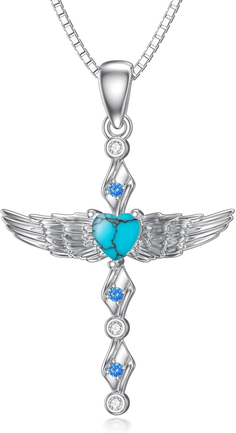 Sterling Silver Angel Wings Cross Necklace with Moonstone Turquoise for Women-0-0