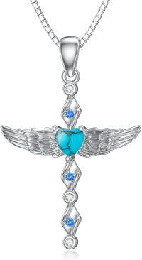 wholesale 925 Sterling Silver Angel Wing Heart Pendant Necklace w/Moonstone & Turquoise Stone  for Her-Turquoise Necklace