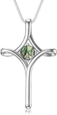 wholesale  Sterling Silver Birthstone Cross Necklace for Women Fine Jewelry Gift -Moss Agate
