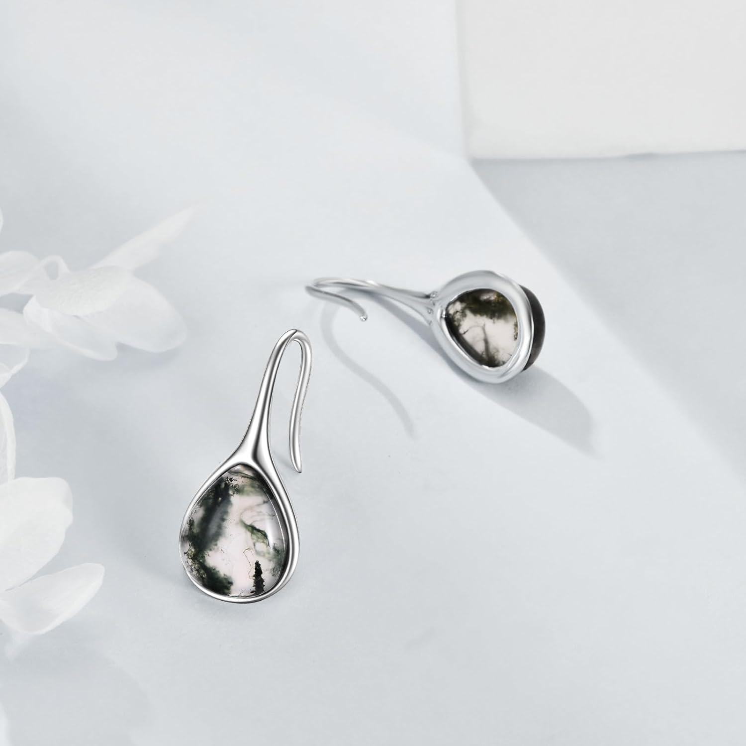 925 Sterling Silver Moss Agate Teardrop Threader Earrings for Women - Natural Stone Drop Dangles-0-3