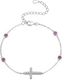 wholesale 925 Sterling Silver Cross Virgin Mary Ruby Bezel Set Adjustable Chain Link Bracelet  for Women Girls 7-8 inches Length-Cross