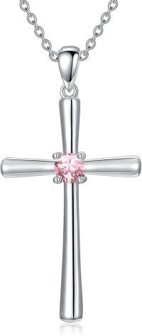 wholesale 925 Sterling Silver Birthstone Cross Necklace for Women 18 20-10-October-Simulated Tourmaline