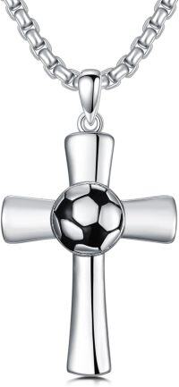 wholesale 925 Sterling Silver Cross with Soccer Ball Sports Pendant Necklace for Men-C01-Soccer