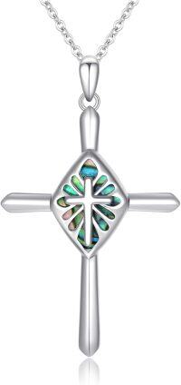 wholesale 925 Sterling Silver Abalone Shell & Malachite Stone Inlay Cross Pendant Necklaces for Women and Girls s 48cm Chain Length-Abalone Shell Long Cross Necklace