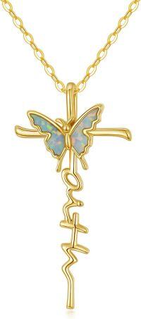 wholesale Gold Butterfly Opal Heartbeat Cross Necklace 14K Gold Plated Christian Jewelry for Women-Butterfly cross necklace