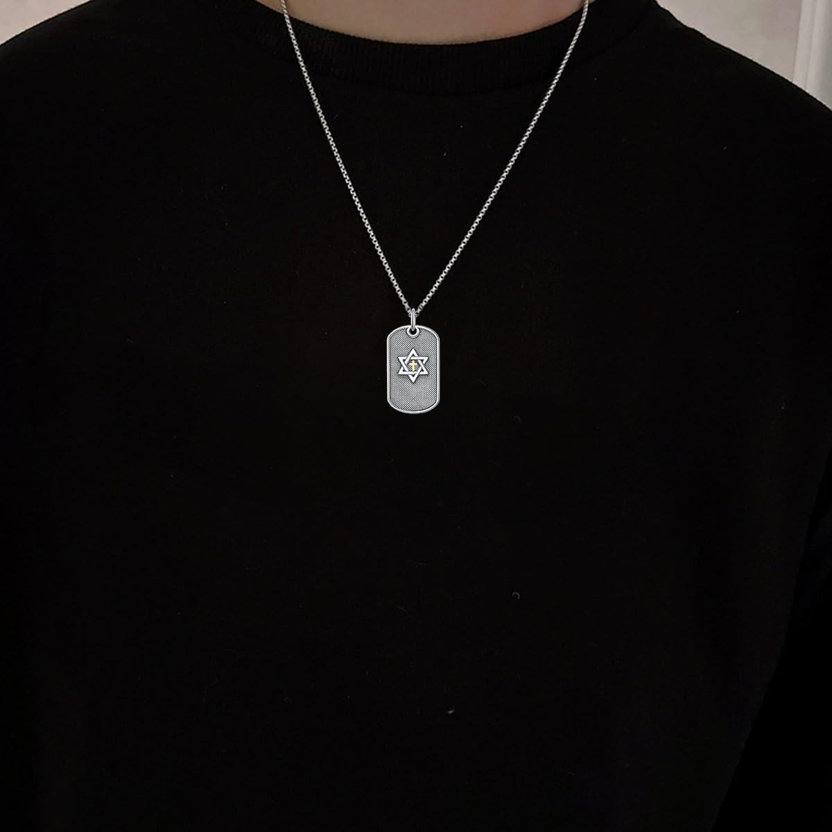 wholesale 925 Sterling Silver Dog Tag with Gold Cross and Star of David Pendant Necklace  for Men & Women-0-1