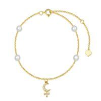 wholesale 14K Gold Pearl Crescent Moon Cross Charm Bracelet for Women - Adjustable Length-14k gold