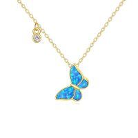 wholesale 14k Gold Blue Butterfly Opal Necklace Wholesale With Lab Diamond Charm-Butterfly