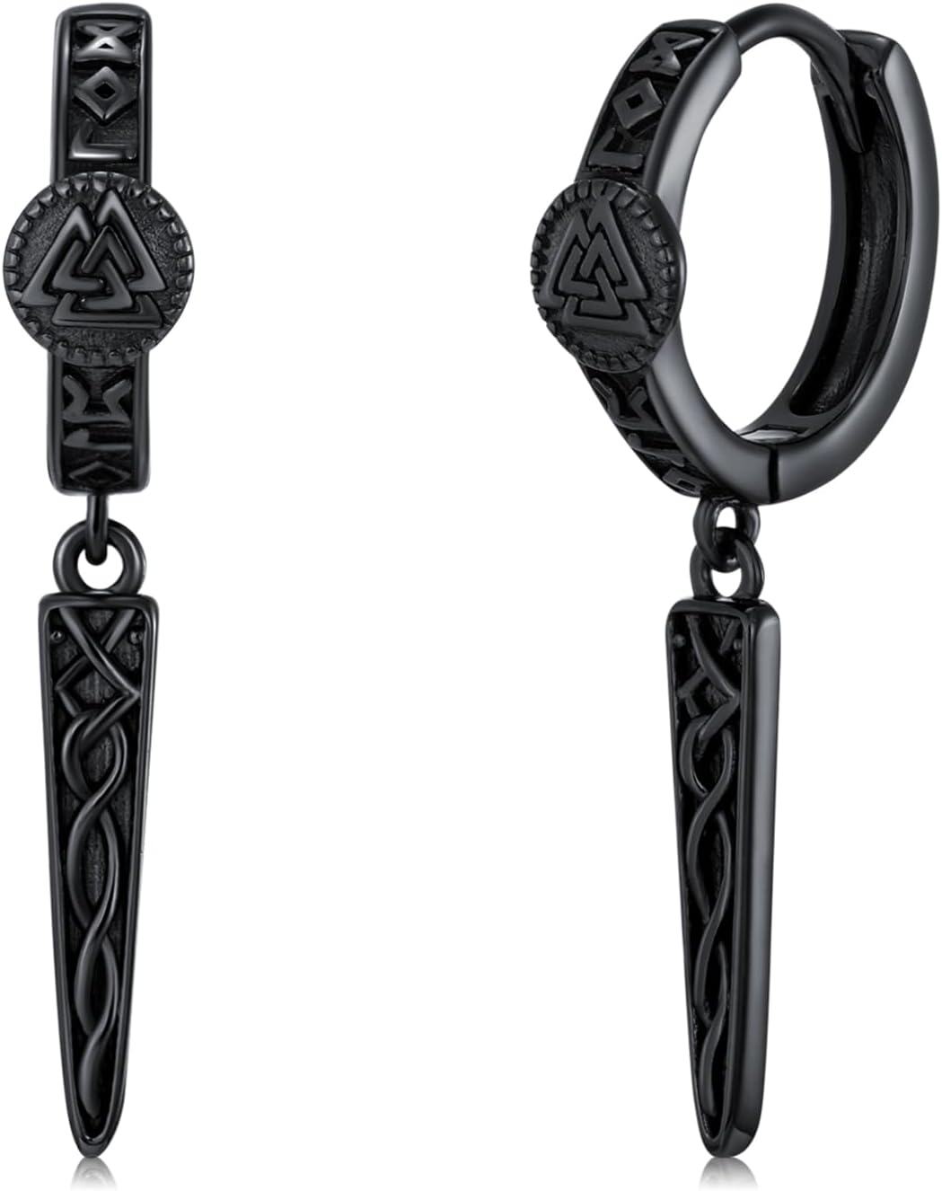 Sterling Silver Gothic Punk Black Viking Runes Wolf Head Valknut Drop Dangle Earrings-0-0