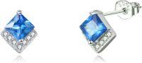 wholesale  Sterling Silver Cubic Zirconia Crystal Birthstone Stud Earrings - Bright Blue Topaz, Hypoallergenic, 7.8mm Square Design (60字符)-Dec-Topaz