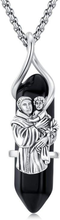 wholesale 925 Sterling Silver St Anthony of Padua & Child Jesus Pendant Black Onyx Stone Protection Jewelry for Men/Women 24 Chain-01-Saint Anthony(healing crystal)