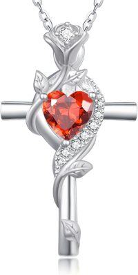 wholesale Sterling Silver Rose Cross Pendant Necklace for Women-White Gold-1-Garnet-White Gold-1-Garnet