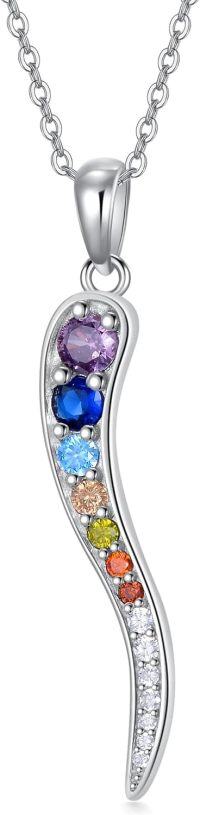 wholesale 925 Sterling Silver Rainbow Gemstone Curved Bar Pendant Necklace-Italian Horn Chakra