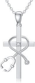 wholesale 925 Sterling Silver 925 Cubic Zirconia Heart-Shaped Stethoscope Cross Pendant Necklace-0-0