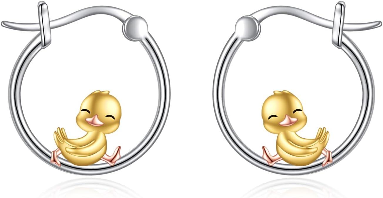 Sterling Silver Animal Hoop Earrings Duck Cow Pig Dog Yorkie Otter Hypoallergenic Cute Gifts for Women-Duck