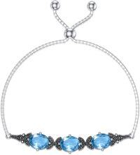 wholesale Sterling Silver Austria Crystal Vintage Retro Link Birthstone Bracelet for Women (7 9 )-Aqua Blue