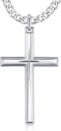 wholesale 925 Sterling Silver  Mens Cross Pendant Chain Necklace  for Him -White Gold