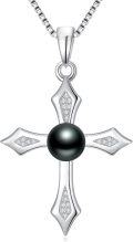 wholesale TOUPOPcross-shaped Black Pearl Necklace For Women Sterling Silver Black Pearls Necklace Gifts For Sister Birthday Anniversary Jewelry Valentine Christmas Gifts For Women Wife Her -0-2