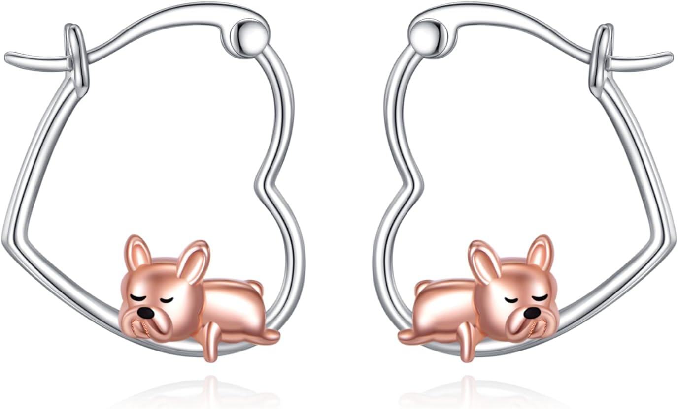 Sterling Silver Heart Hoop Animal Earrings Gifts for Women-French Bulldog