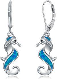 wholesale 925 Sterling Silver Blue Opal Sea Horse Leverback Drop Dangle Earrings for Women - Ocean Beach  Idea-Blue Opal