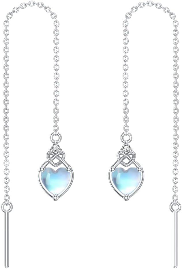 Sterling Silver Celtic Knot Heart Threader Earrings w 12 Birthstones-6-June-Moonstone