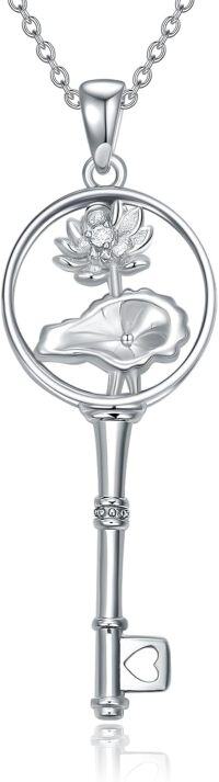 wholesale Sterling Silver Diamond Birth Flower Key Necklace for Women-7-Jul-Lotus