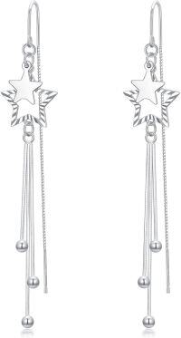 wholesale 925 Sterling Silver Moon & Star Drop Threader Earrings w/ Tassel Chains for Women and Teenagers - Hypoallergenic Jewelry-Lucky Star