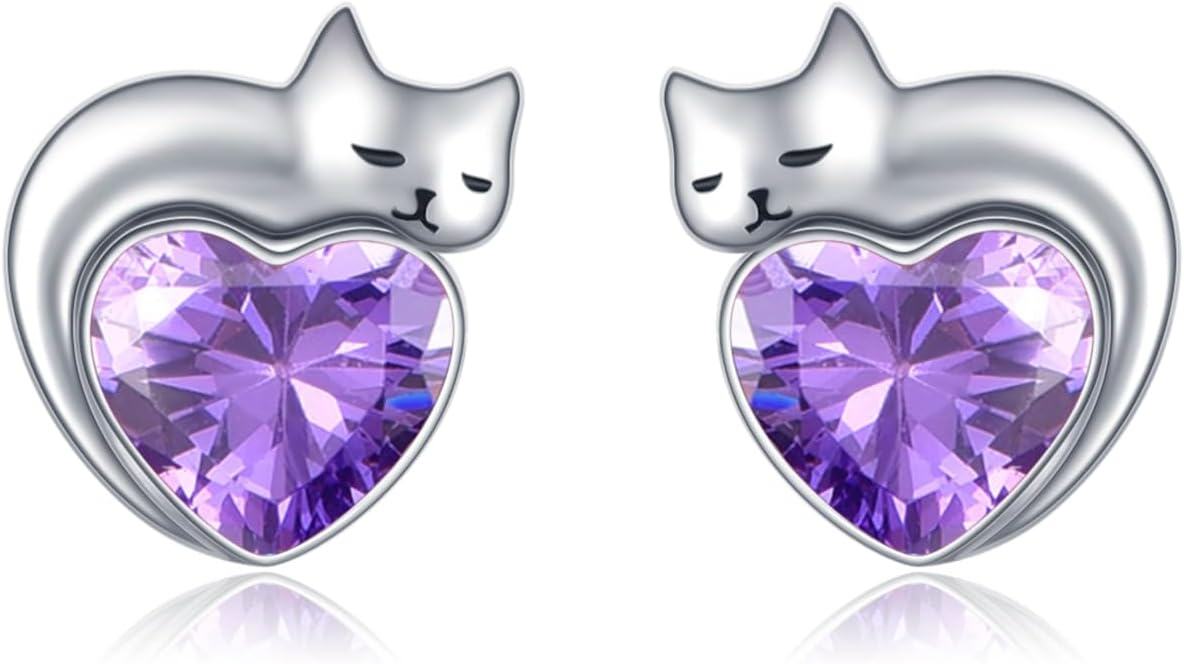 wholesale Sterling Silver Birthstone Cat Stud Earrings Heart Jewelry for Women-02-February