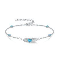 wholesale 925 Sterling Silver Heart-Shaped Turquoise and Cubic Zirconia Adjustable Bolo Bracelet for Women's Gifts-Heart+Feather