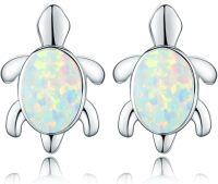 wholesale 925 Sterling Silver White Opal Sea Turtle Stud Earrings - Hawaiian Ocean Jewelry for Women-White Opal