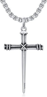 wholesale 925 Sterling Silver Nail Design Mens Cross Pendant with 24 Chain - Religious Jewelry for Him-03-Nail Cross Silver