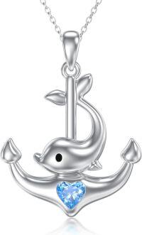 wholesale 925 Sterling Silver Anchor Dolphin Heart Pendant Necklace with Blue Crystal Stone-Dolphin Anchor