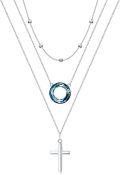wholesale S925 Sterling Silver & 14K Gold Plated Cross Layered Necklace with Blue Crystal & Beads, 14-18 Inch, Hypoallergenic, Gift for Women-0-0