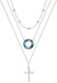 wholesale S925 Sterling Silver & 14K Gold Plated Cross Layered Necklace with Blue Crystal & Beads, 14-18 Inch, Hypoallergenic, Gift for Women-Cross