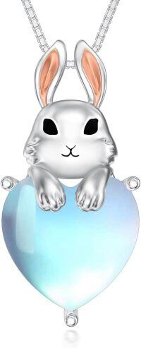 wholesale Sterling Silver Moonstone Bunny Heart Necklace - Elegant Rabbit Pendant Gift for Women-02-Moonstone-Blue