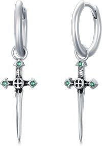 wholesale 925 Sterling Silver Green Stone Dagger Cross Huggie Hoop Earrings-dagger earrings