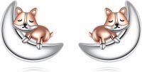 wholesale 925 Sterling Silver Fox Moon Stud Earrings Adorable Animal  for Women Girls-Corgi