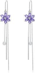 wholesale 925 Sterling Silver Cubic Zirconia Threader Earrings w/ Purple Daisy & Crystal Drop Charm-0-0