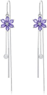 wholesale 925 Sterling Silver Cubic Zirconia Threader Earrings w/ Purple Daisy & Crystal Drop Charm-Flower F