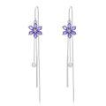 wholesale 925 Sterling Silver Cubic Zirconia Threader Earrings w/ Purple Daisy & Crystal Drop Charm-0-0